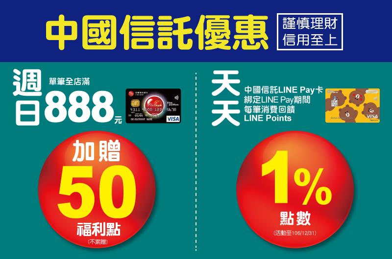 全聯刷中國信託消費最高回饋50點