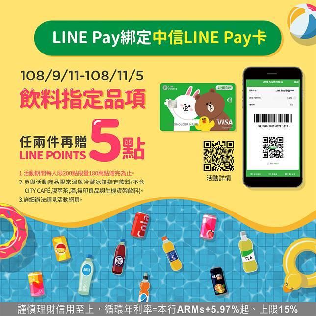 7-11 LINE Pay卡購買兩件指定飲料，享點數5點回饋