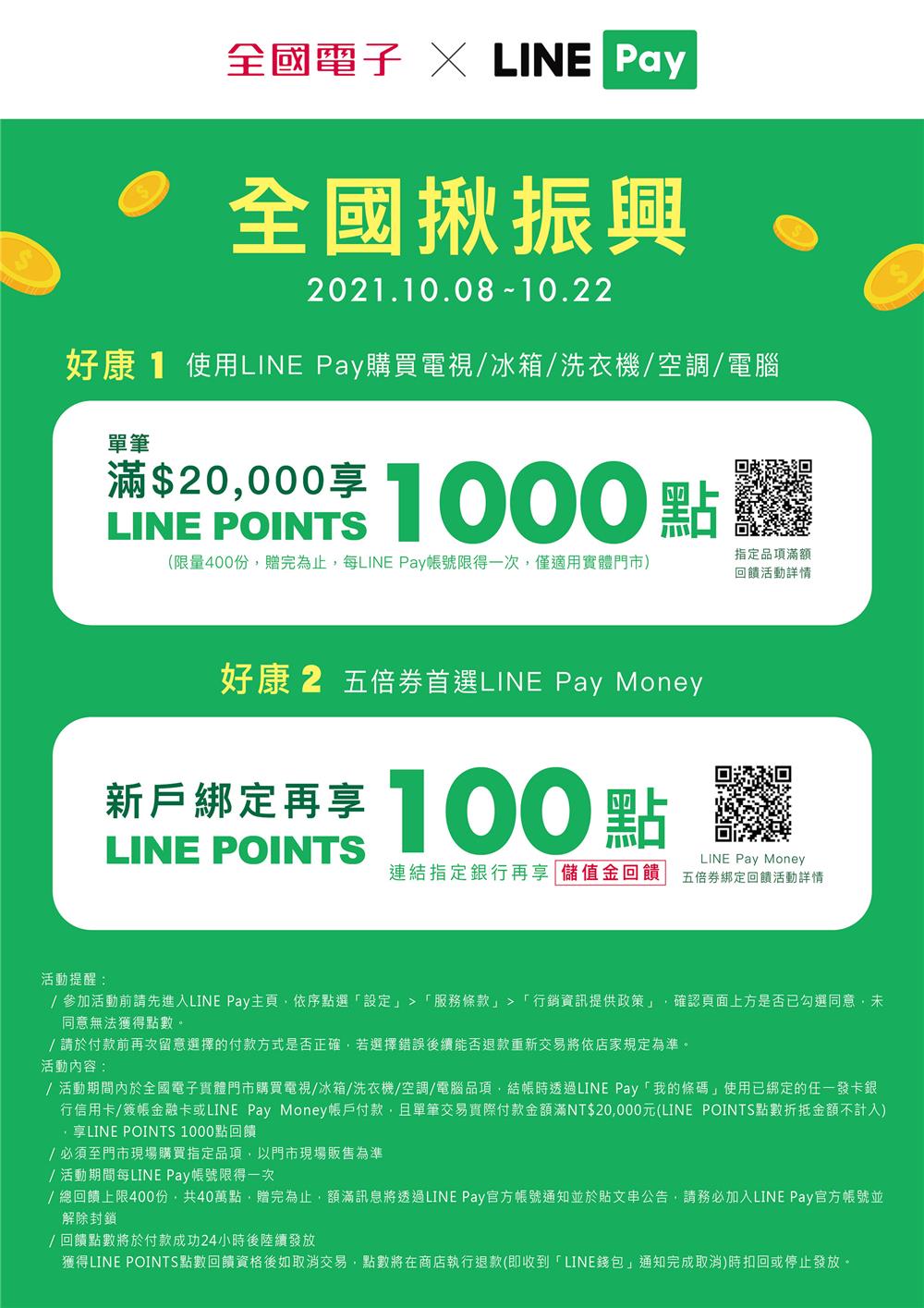全國電子LINE Pay滿額享LINE POINTS 1000點