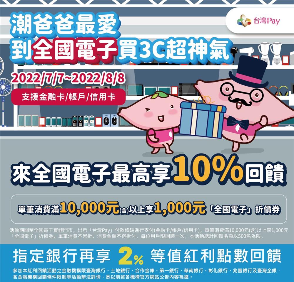 全國電子買3C台灣Pay滿額回饋1000元