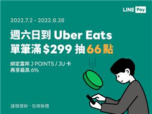 Uber Eats六日用LINE Pay滿額抽66點紅包