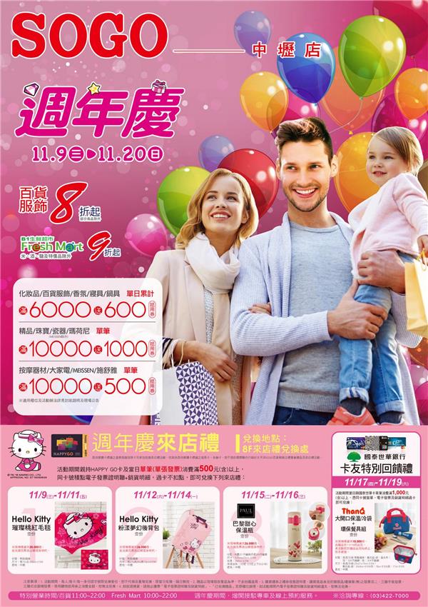 SOGO中壢店週年慶，滿6000送600