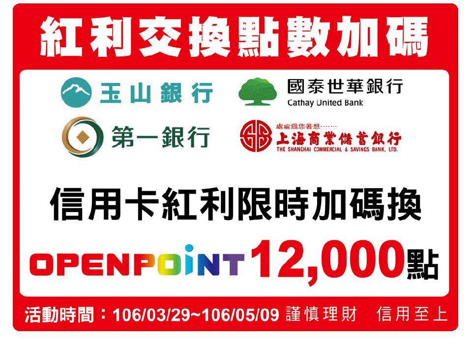 銀行信用卡紅利點數限時加碼換OPENPOINT