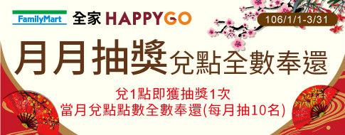 HappyGo到全家兌點，月月抽10名，兌點全數奉還