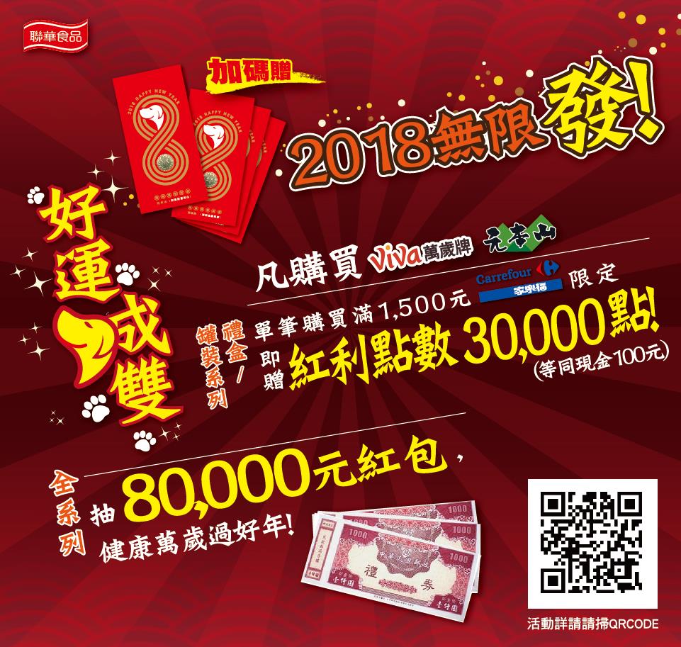 聯華2018好運成雙無限發，抽80000元紅包，再贈家樂福紅利點數