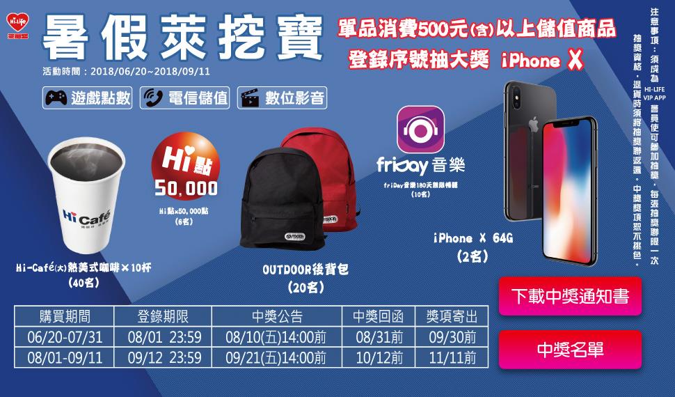 萊爾富暑假萊挖寶，購買儲值商品有機會抽中iPhone X