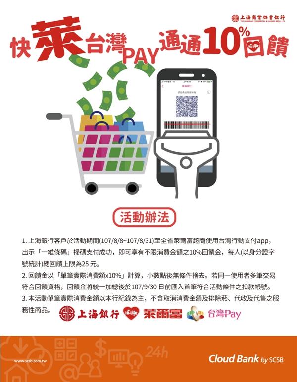 萊爾富快萊台灣 PAY，上海商銀享10%回饋