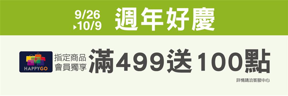 愛買週年好慶週年好禮，滿499送100點Happy Go，康寧餐具集點加價購