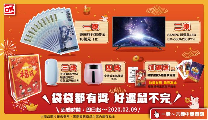 OK超商2020好運鼠不完，新春好OK福袋抽10萬旅遊金