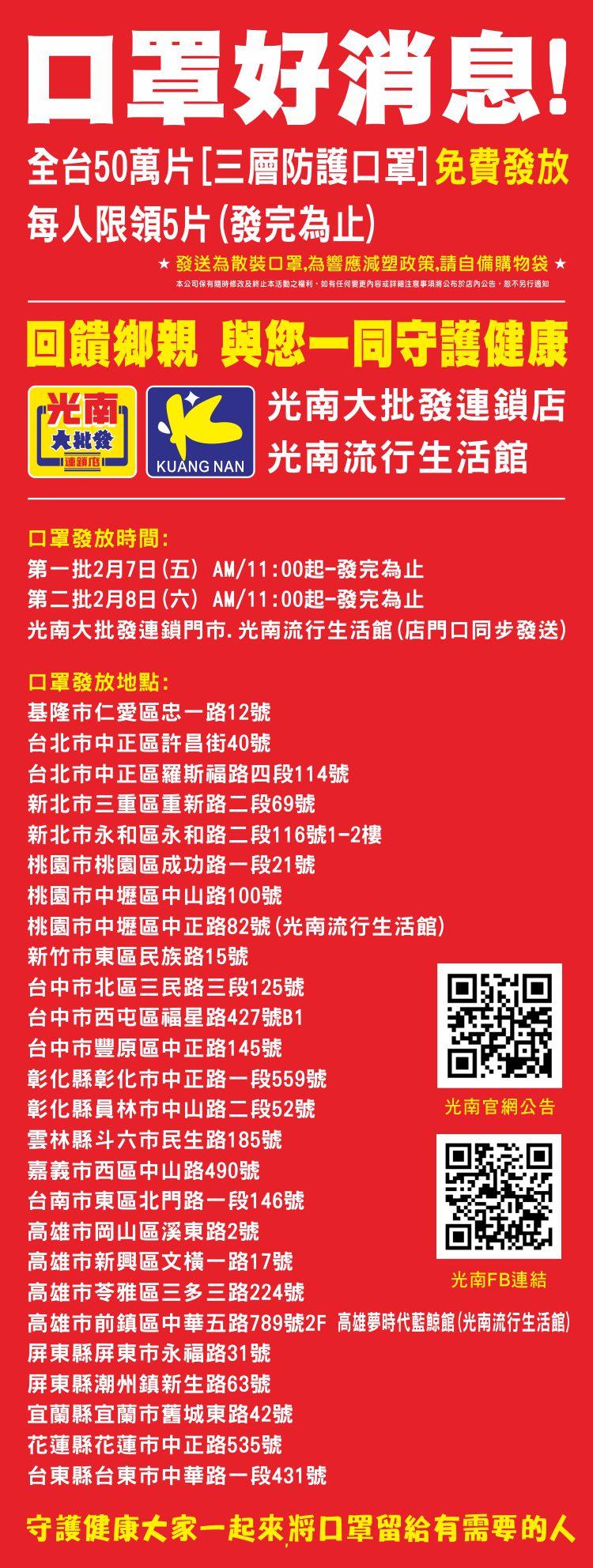 光南大批發口罩好消息，全台50萬片防護口罩免費發放