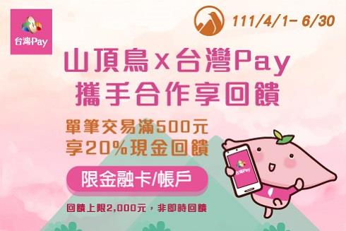 山頂鳥台灣Pay攜手合作享現金回饋