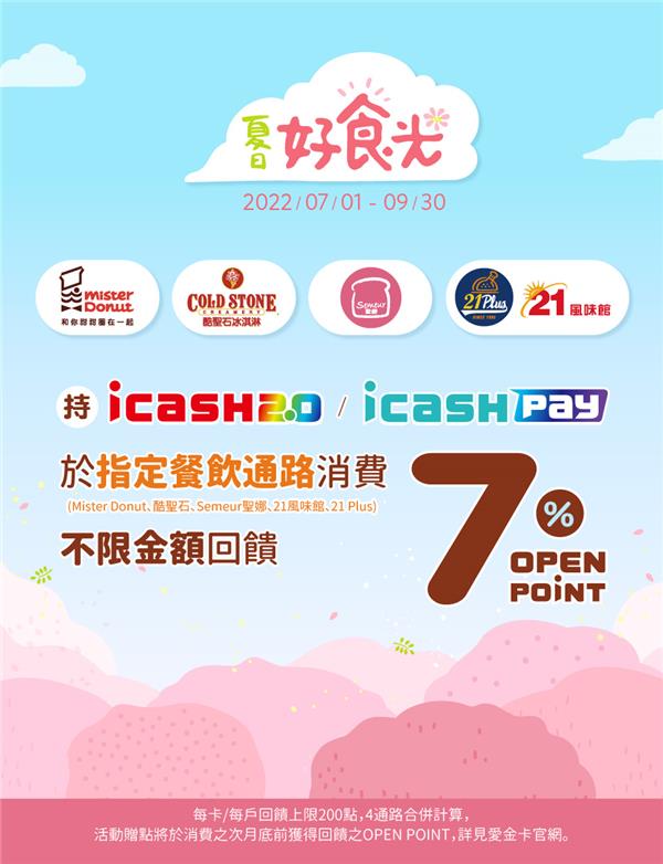 icash指定餐飲通路天天享OPEN POINT回饋