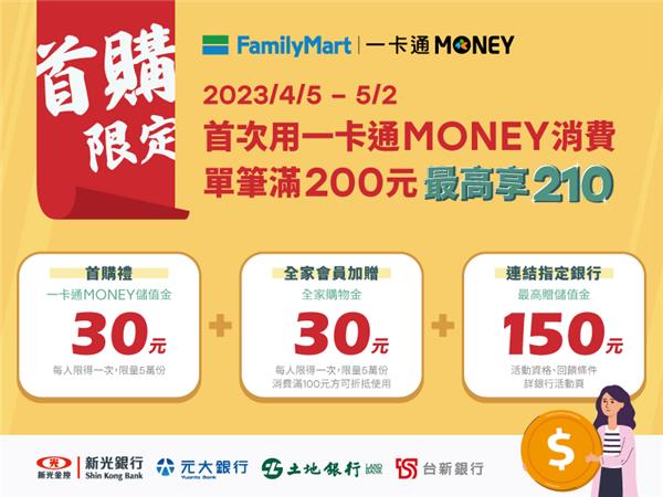 全家首次一卡通MONEY付款滿200享210回饋