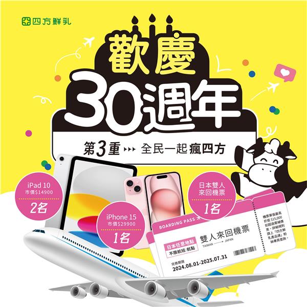 四方鮮乳30週年慶抽日本雙人來回機票、iPhone15