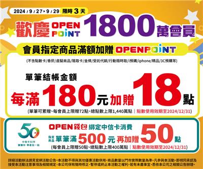 7-11歡慶OPENPOINT 1800萬會員消費滿額贈點