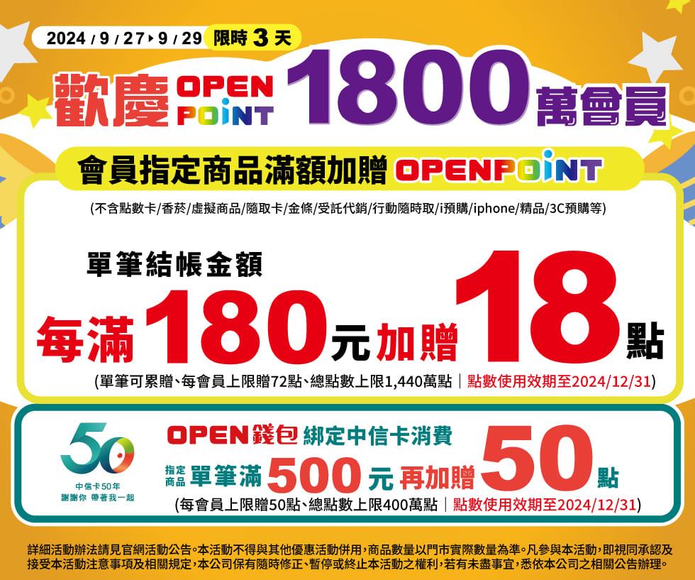 7-11歡慶OPENPOINT 1800萬會員消費滿額贈點