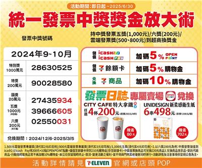 7-11中獎統一發票獎金加碼贈