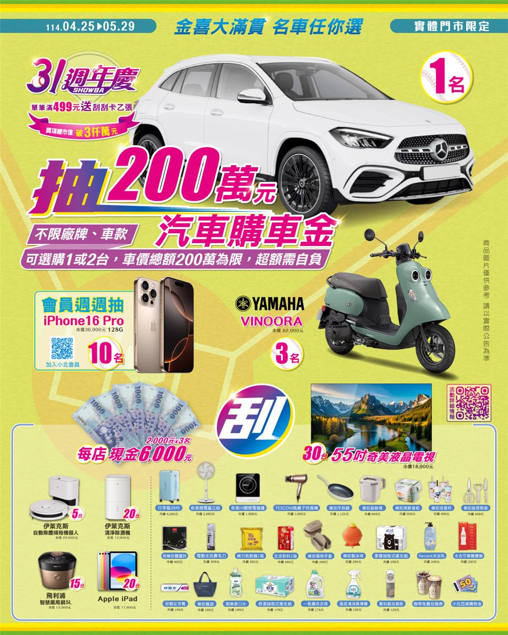 小北百貨抽獎31週年慶抽汽車，會員週週抽iPhone16
