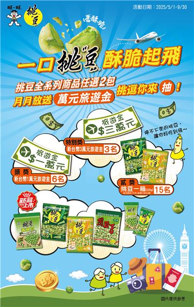 旺旺挑豆抽獎一口挑豆酥脆起飛月月抽萬元旅遊金