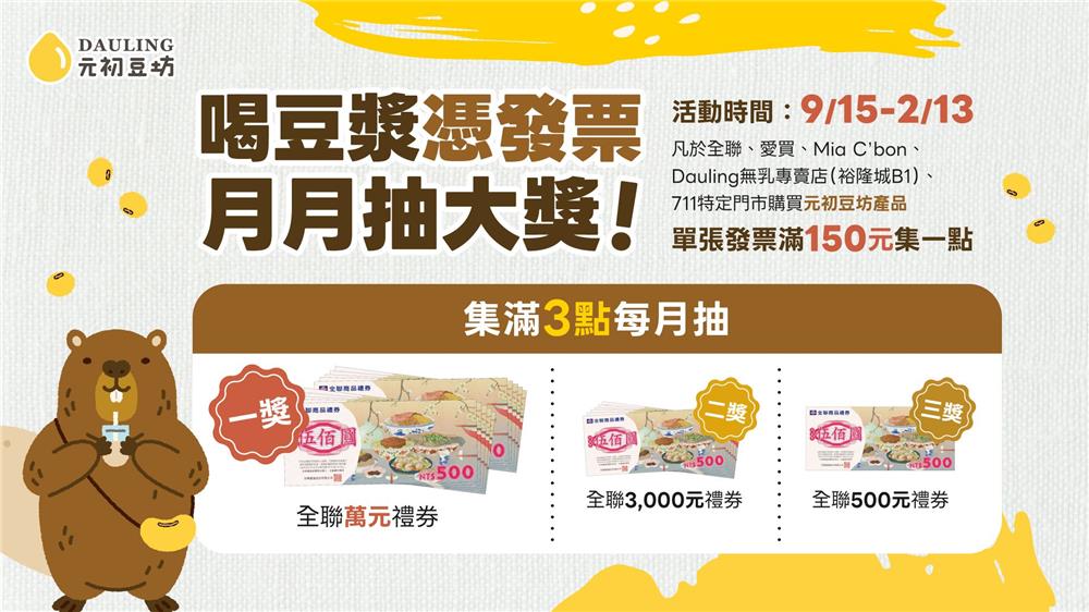 元初豆坊抽獎喝豆漿月月抽萬元全聯禮券