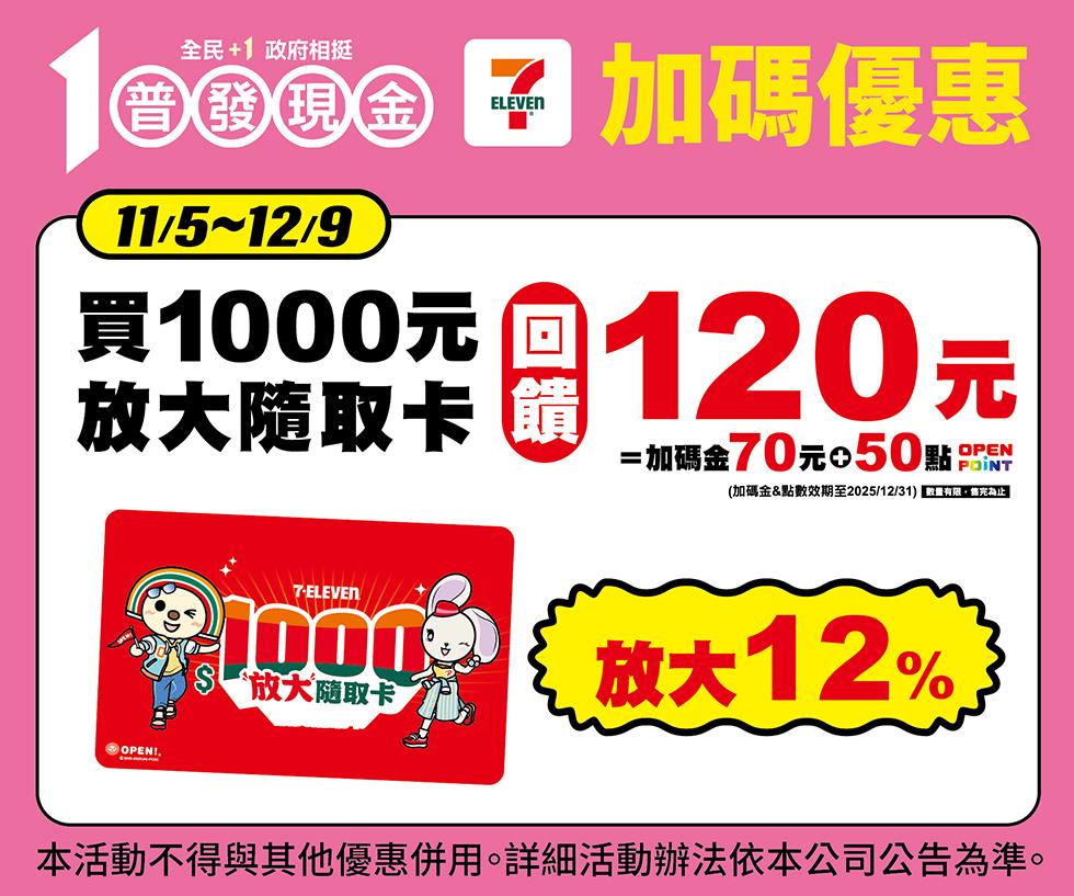 7-11萬元普發加碼優惠放大隨取卡回饋120元