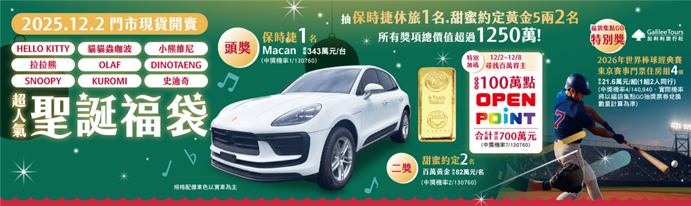 7-11抽獎限量超人氣聖誕福袋抽保時捷休旅