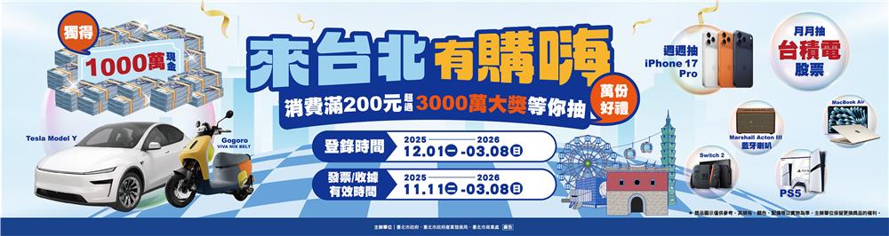 台北有購嗨消費歡樂抽千萬現金、特斯拉電動車