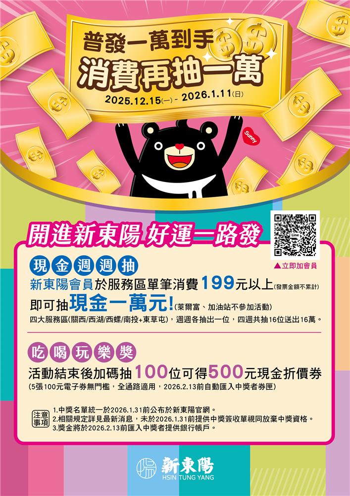 新東陽國道服務區抽獎普發一萬到手會員消費再抽萬元現金