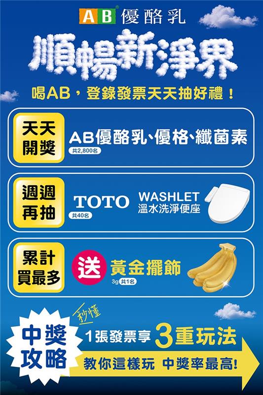 AB優酪乳抽獎順暢新淨界抽TOTO溫水洗淨便座