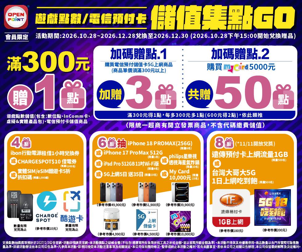 7-11抽獎遊戲電信預付卡儲值集點GO抽iPhone18